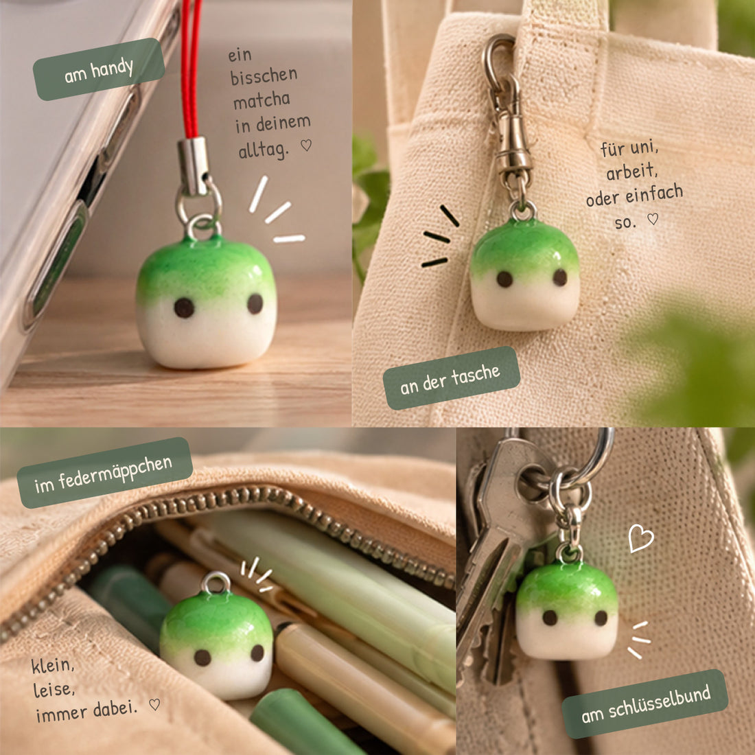 Handgemachter Matcha Anhänger zwischen bunten Schreibutensilien