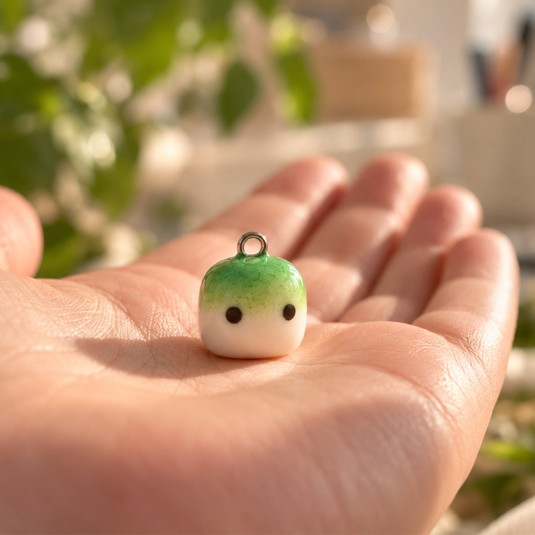 Winziger handgemachter Matcha Mallow Charm auf einer Hand